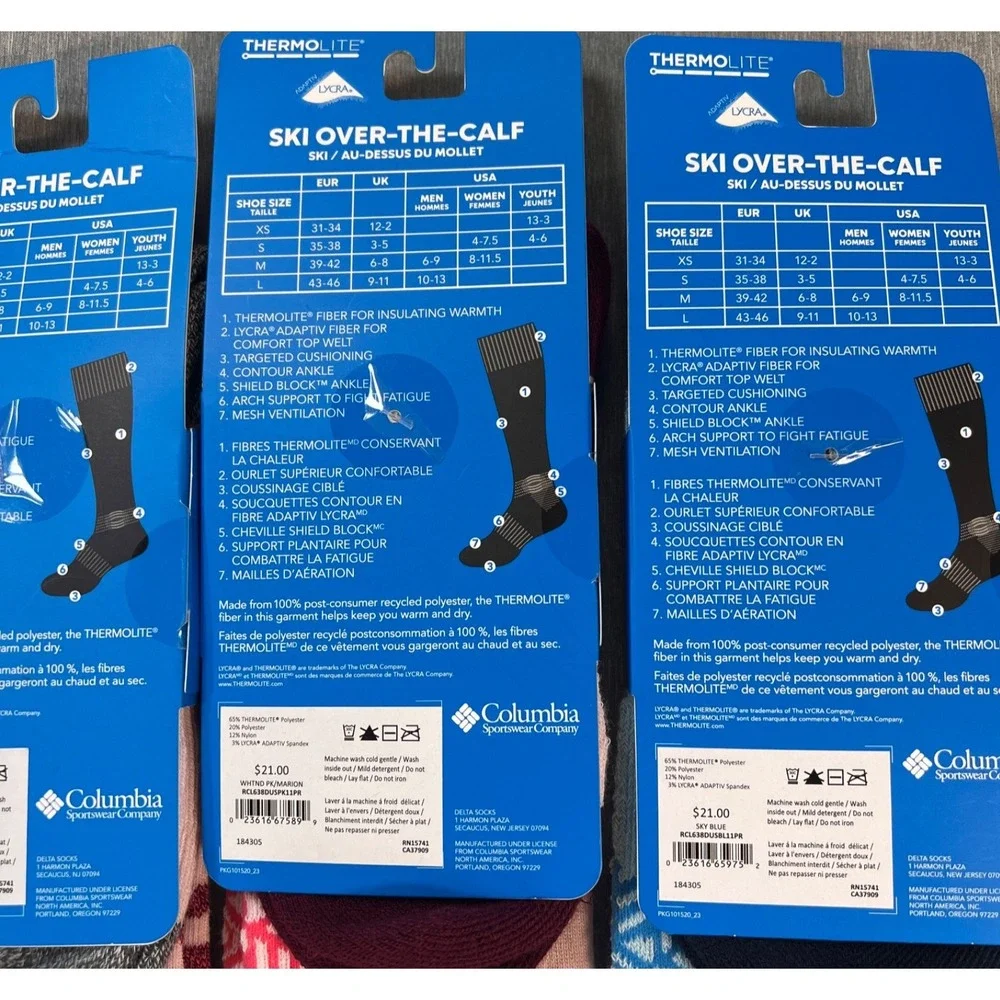 3 Pair‎ Columbia Womens Mens Medium Weight Thermolite over calf Ski Socks MED